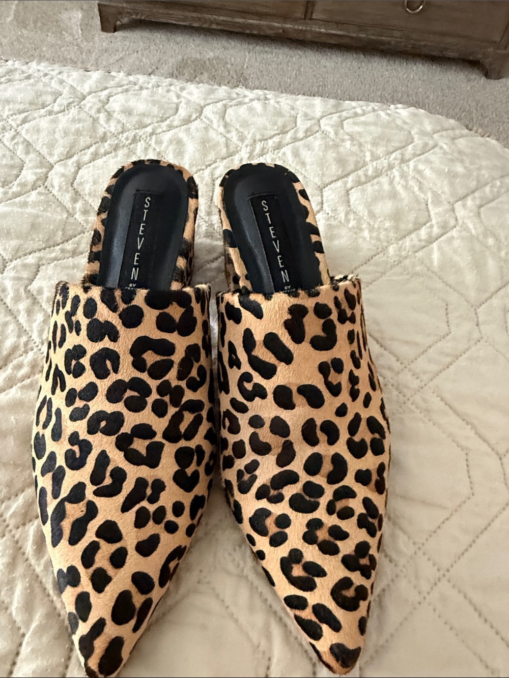 Steve Madden Calfhair Leopard Print Pointed Mules in Tan and Black